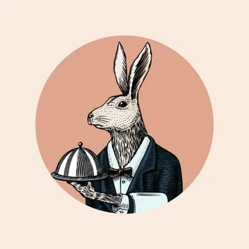 Hare waiter with a dish. Rabbit flunky or garcon. Fashion animal character. Hand Stock Illustration