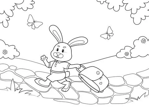 The hare is walking along the stone path with a travel suitcase. Page outline of Stock Illustration