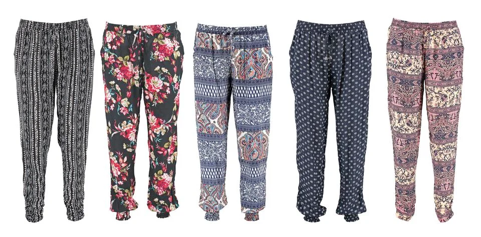Harem pants collection with pattern. High cut harem pants.  Isolated image. Stock Photos