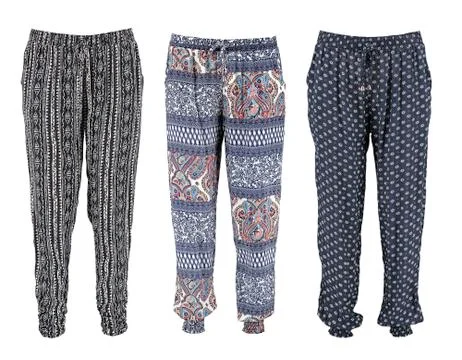 Harem pants collection with pattern. High cut harem pants.  Isolated image. Stock Photos