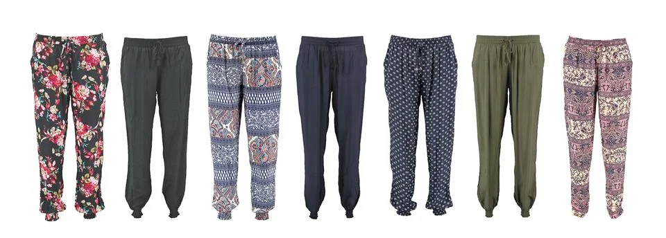 Harem pants collection with pattern. High cut harem pants. Stock Photos
