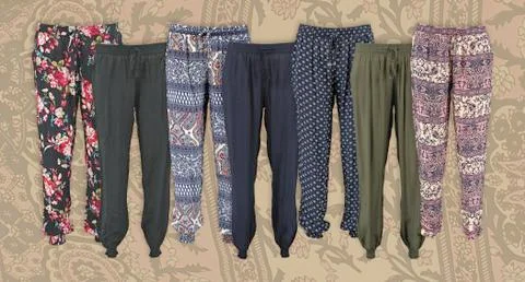Harem pants collection with pattern. High cut harem pants. Stock Photos