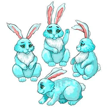 Hares in different poses. Four vector character. Outlined colored drawing Stock Illustration