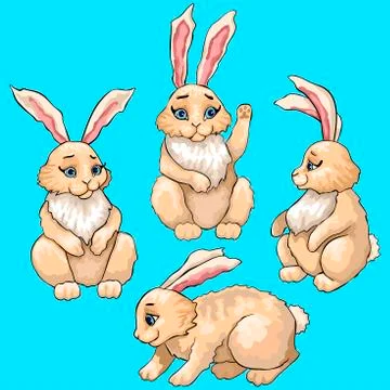 Hares in different poses. Four vector character. Outlined colored drawing Stock Illustration