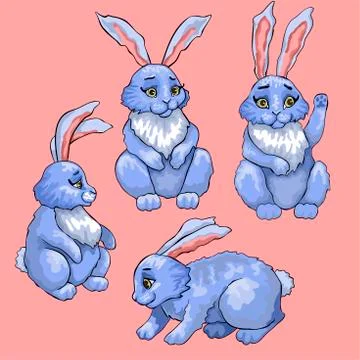 Hares in different poses. Four vector character. Outlined colored drawing Stock Illustration