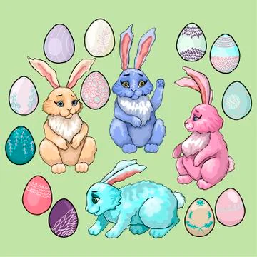 Hares in different poses. Four vector character. Easter eggs of different colors Stock Illustration