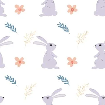 Hares in flowers and herbs cute seamless pattern Illustrazione stock