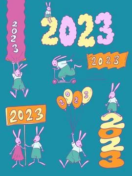 Hares meet 2023. next to each other. The Balloon Hare is descending. standing Stock Illustration