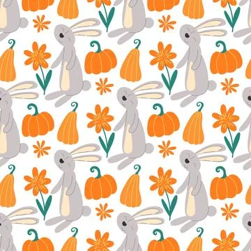 Hares with pumpkins autumn seamless pattern Stock Illustration