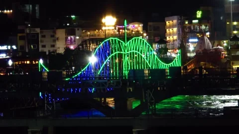 Haridwar Bridge Illuminated at Night Stock Footage 326286308