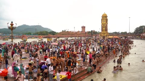 Haridwar Flooded with Devotees During Sacred Festival Stock Footage 315286516