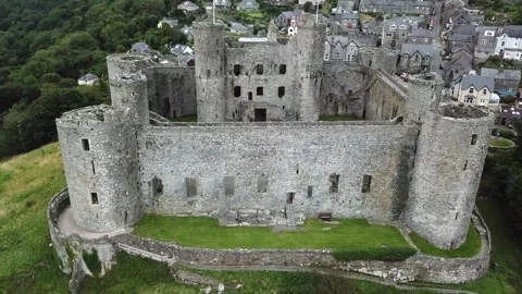 Harlech Castle, Close-Up Drone View of 13th Century Castle, Gwynedd, Wales 4K Stock Footage 284574175