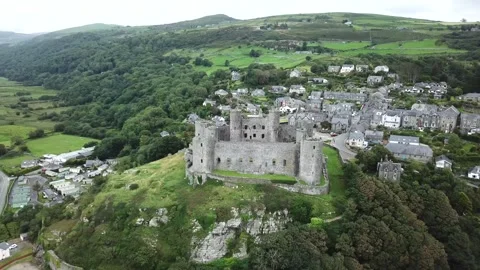 Harlech Castle, Drone View of Medieval Castle, Gwynedd, Wales, 13th Century, 4K Stock Footage 284574092