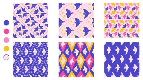 Harlequin bird seamless pattern collection with crayon geometric diamond and Stock Illustration