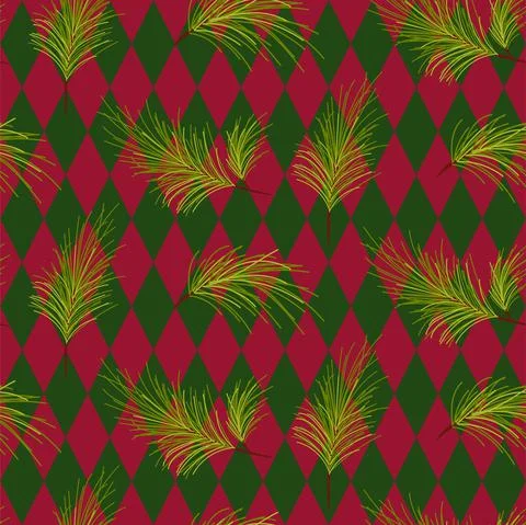 Harlequin or argyle pattern green and red with pine tree branches. Christmas Stock Illustration