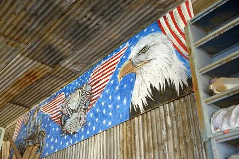 Harley Davidson and Bald Eagle painting, Gold Mine, Jerome, Arizona, USA Stock Photos