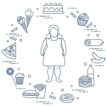 Fat woman with unhealthy lifestyle symbols around her. Harmful eating habits.  Design for banner and print Stock Vector Image & Art - Alamy