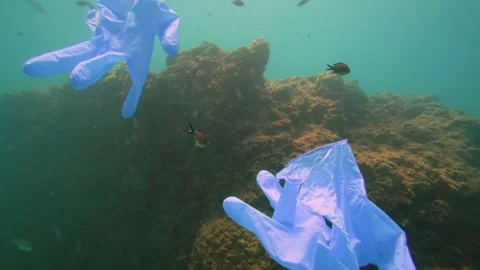 Harmful Plastic Glove Garbages Float Under the Sea Stock Footage 144841845