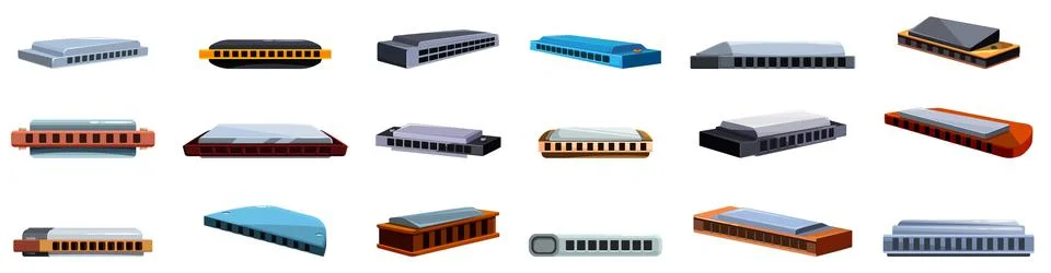 Harmonica icons set. Collection of harmonicas representing diverse musical .. Stock Illustration