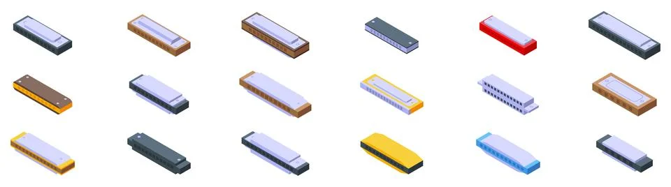 Harmonica icons set. Set of harmonica icons representing various designs and  Stockillustratie