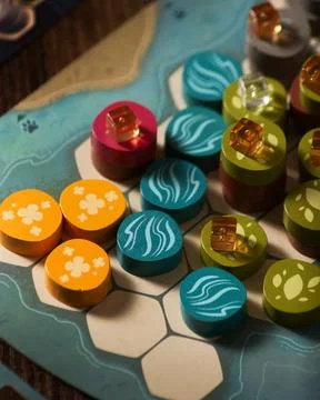 Harmonies board game components close up with colorful tokens landscape Stock Photos