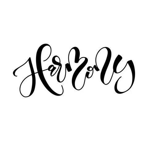 Harmony - black calligraphy, vector illustration isolated on white background. Stock Illustration