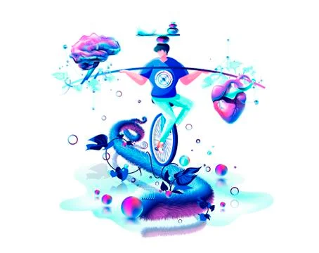 Harmony illustration man circus performer riding unicycle on rope inner balance Stock Illustration