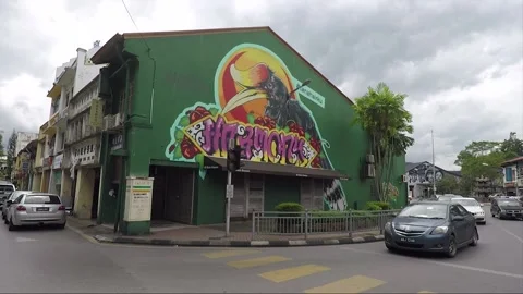 Harmony mural of hornbill and Bunga Raya flowers, Kuching, Malaysia, Borneo Stock Footage 157066401