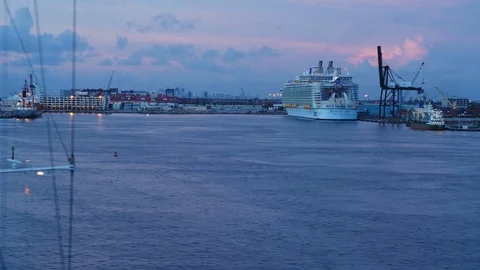 Harmony of the Seas docked after returning to Port Everglades at dusk Stock Footage 116425403