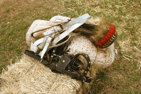 Harness on a bale of hay Stockfoto's