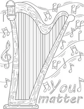 Harp Laying Flat With Multiple Musical Notes Floating Colorless Line Drawing Illustrazione stock