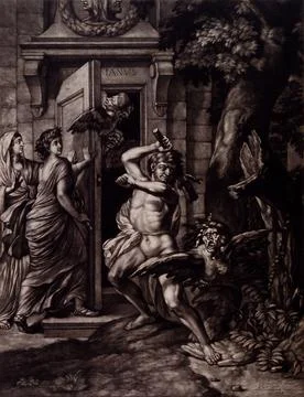 Harpies try to keep open the doors of the temple of Janus, but they are clu.. Stock Illustration