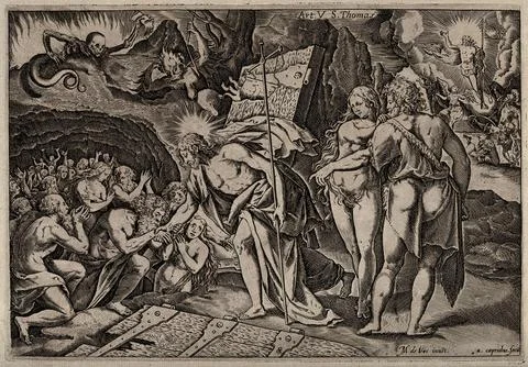 The harrowing of hell and the resurrection of Christ. Engraving by A. Capri.. Stock Illustration