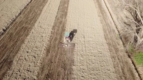 Harrowing the soil with old caterpillar tractor Stock Footage 149223511