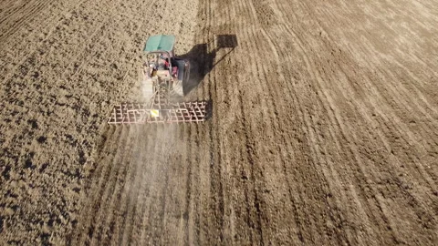 Harrowing the soil with old caterpillar tractor Stock-Footage 149256053