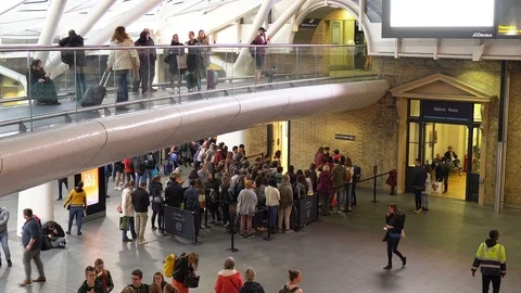 Harry Potter Famous Platform 9 3/4 Wide Angle at King's Cross Railway Station Stock Footage 112124229