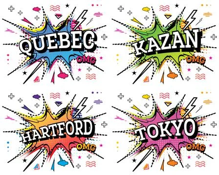 Hartford, Kazan, Tokyo and Quebec Comic Text Set. Stock Illustration