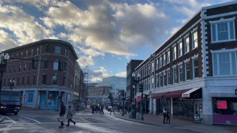 Harvard Square in Cambridge, Boston, at dusk Stock Footage 170056718