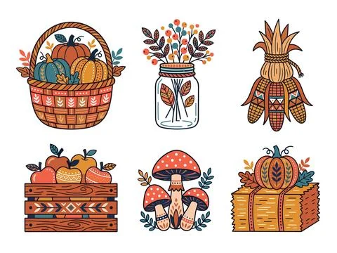 Harvest Basket Folk Art Bundle Vector Illustration Stock Illustration
