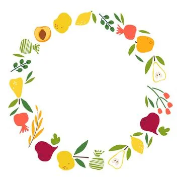 Harvest frame. Round fruit, vegetables, sones border with copy space isolated on Stock Illustration