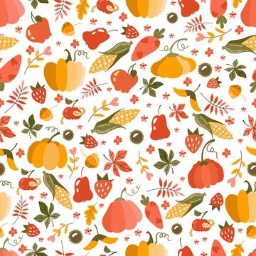 Harvest patern vector flat. Seamless pattern of colorful pumpkins, fruits, ve Stock Illustration