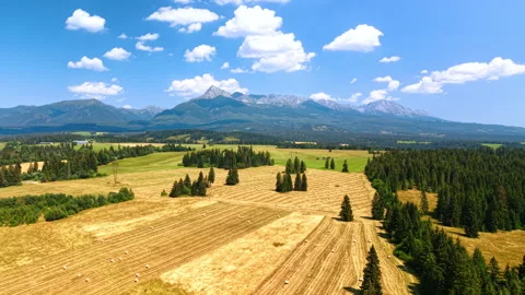 Harvest patterns in farmland beneath a mountain range Stock Footage 346332379