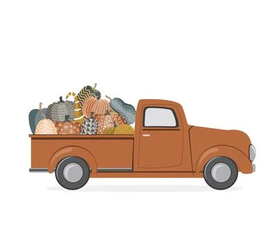 Harvest pick up truck with painted patterned squashes. Autumn pumpkin festiva Stock Illustration