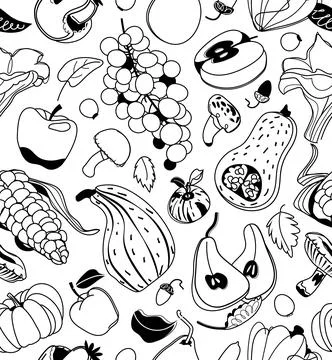 Harvest seamless pattern with black linear pumpkin, mushroom, grape, apples Stock Illustration