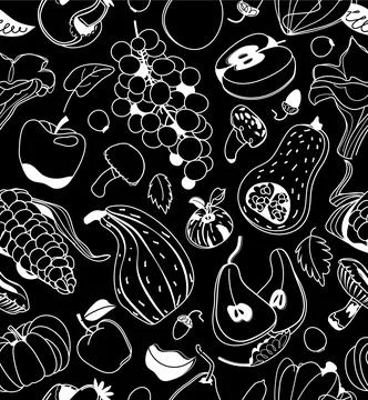 Harvest seamless pattern with white linear pumpkin, mushroom, grape, apples Stock Illustration