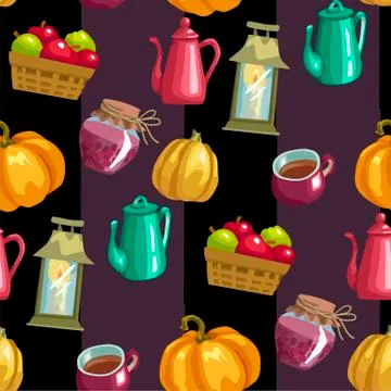 Harvest season seamless vector pattern with household elements 스톡 일러스트