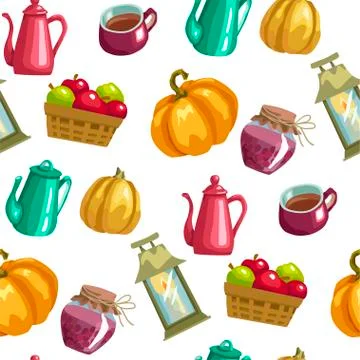 Harvest season seamless vector pattern with household elements Illustrazione stock