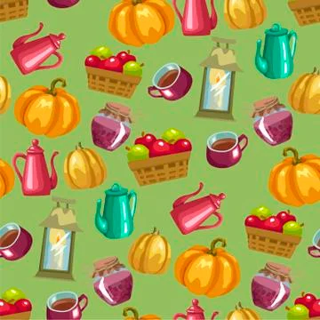Harvest season seamless vector pattern with household elements Stock Illustration