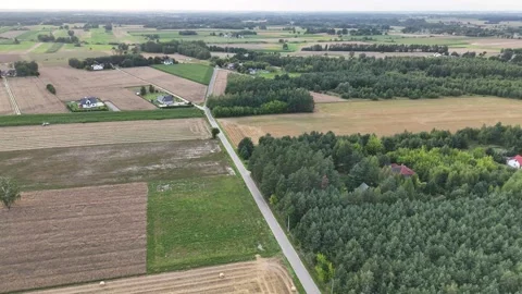 Harvested fields with straw rows near Pułtusk, Poland – aerial view Stock Footage 316959244