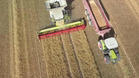 Harvester and tractor passing under the drone Stock Footage